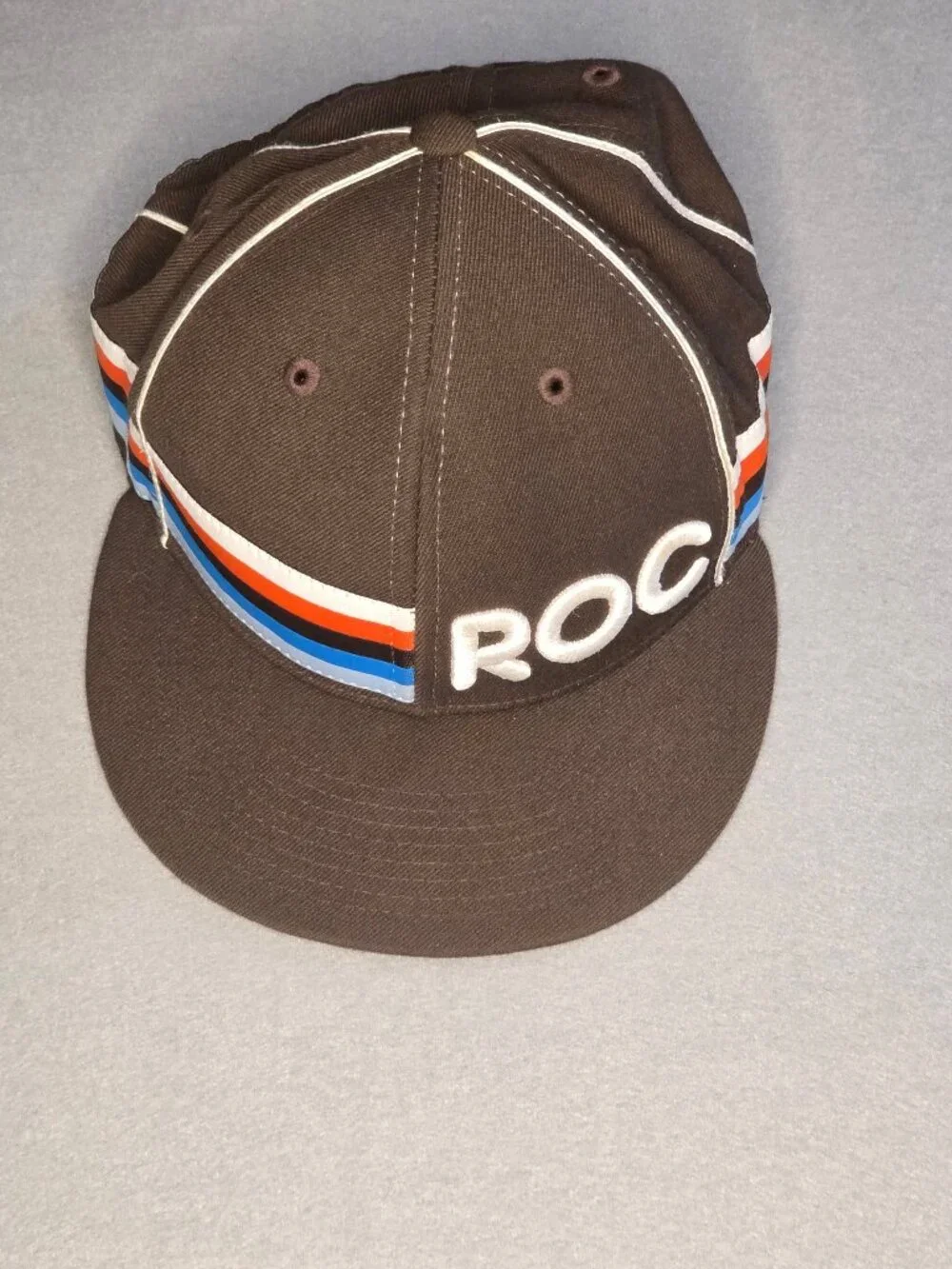 Rocawear ROC Fitted Cap Brown with Orange Blue Stripe Trim Vintage Hip Hop Size